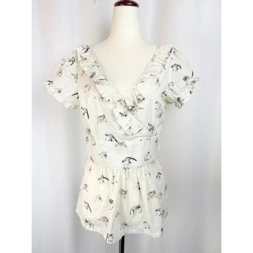 Anthropologie Raccoon Print Cotton Cottagecore Blouse Small
